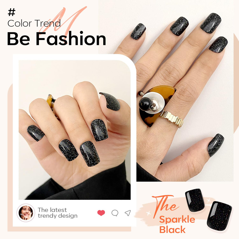 Modelones kit de uñas postizas, brillo negro, corte cuadrado, incluye pegamento y adhesivos.