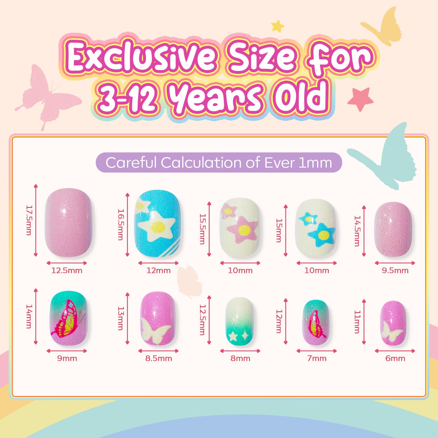 Modelones uñas postizas para niñas con mariposa brillo, perfecto para manualidades seguras.