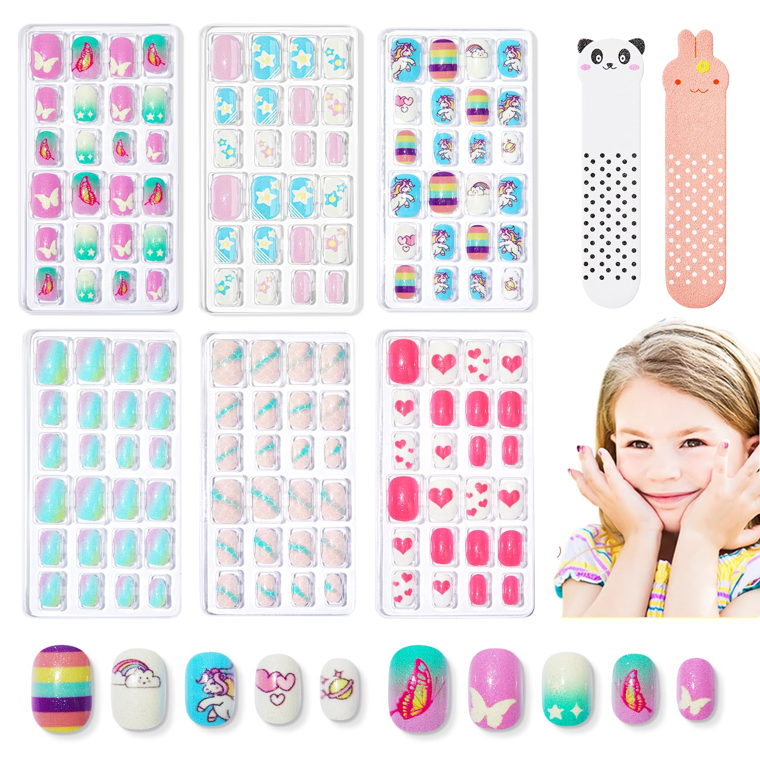 Modelones uñas postizas para niñas con unicornio brillo, ideal para juego seguro.