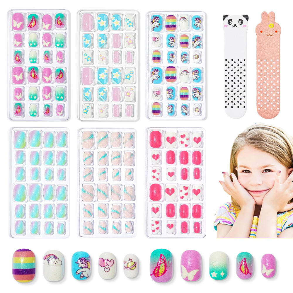 Modelones uñas postizas para niñas con unicornio brillo, ideal para juego seguro.