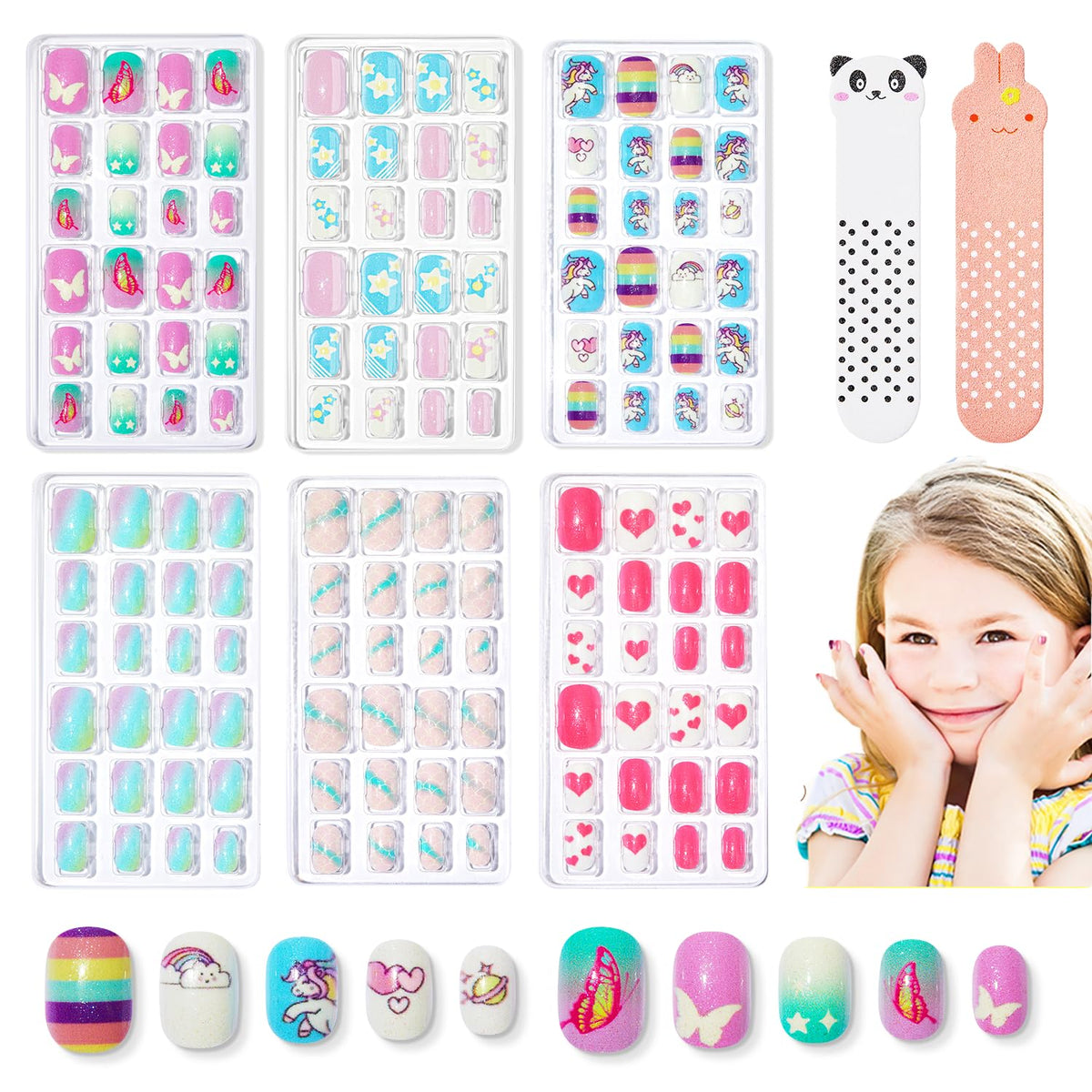 Modelones uñas postizas para niñas con unicornio brillo, ideal para juego seguro.