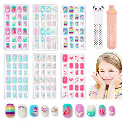 Modelones uñas postizas para niñas con unicornio brillo, ideal para juego seguro.