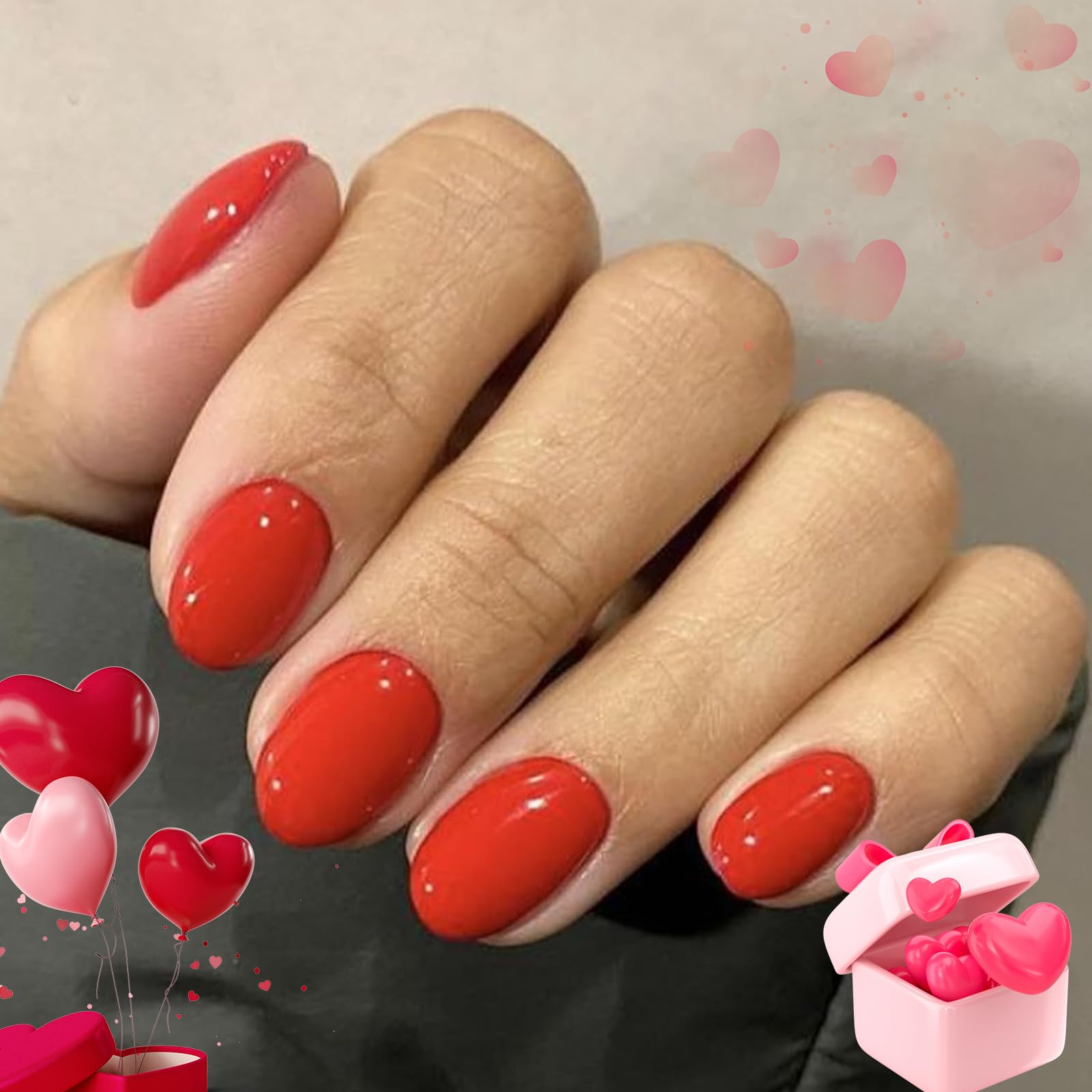 Modelones uñas postizas rojas, ovaladas, con 32 piezas en 16 tallas para ajuste cómodo.