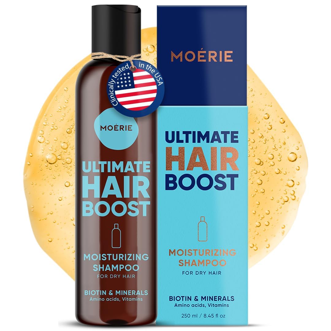 Moerie champú para crecimiento capilar, botella visible, cabello más grueso y saludable.