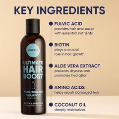 Moerie champú, ingredientes clave fulvic, promueven nutrición capilar para brillo.