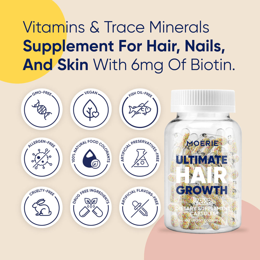 Envase de Moerie con cápsulas vegetarinas para cabello más fuerte