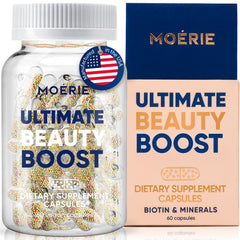 Moerie Potenciador Capilar, bote de cápsulas, apoyo diario para cabello y uñas saludables.