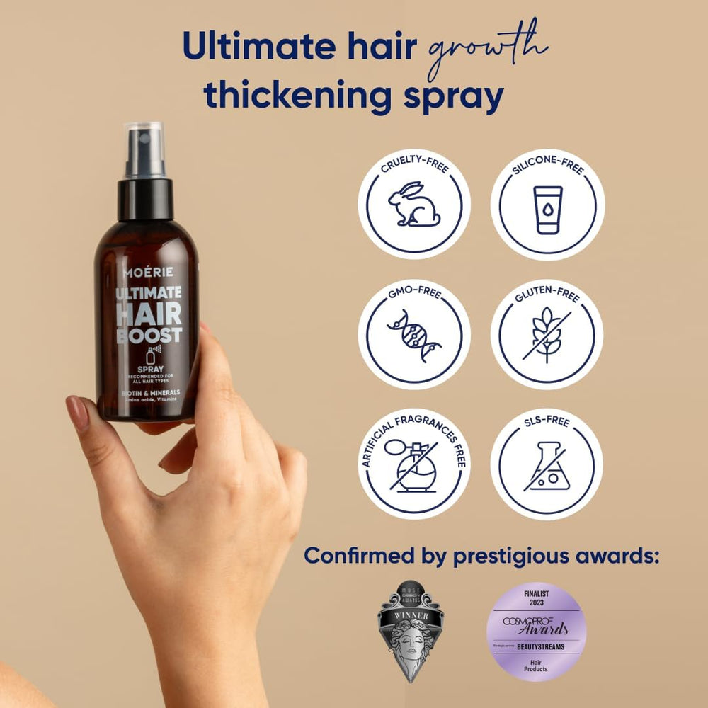 Moerie Ultimate Hair Boost Spray: envase de 150 ml seguro y ergonómico para uso diario