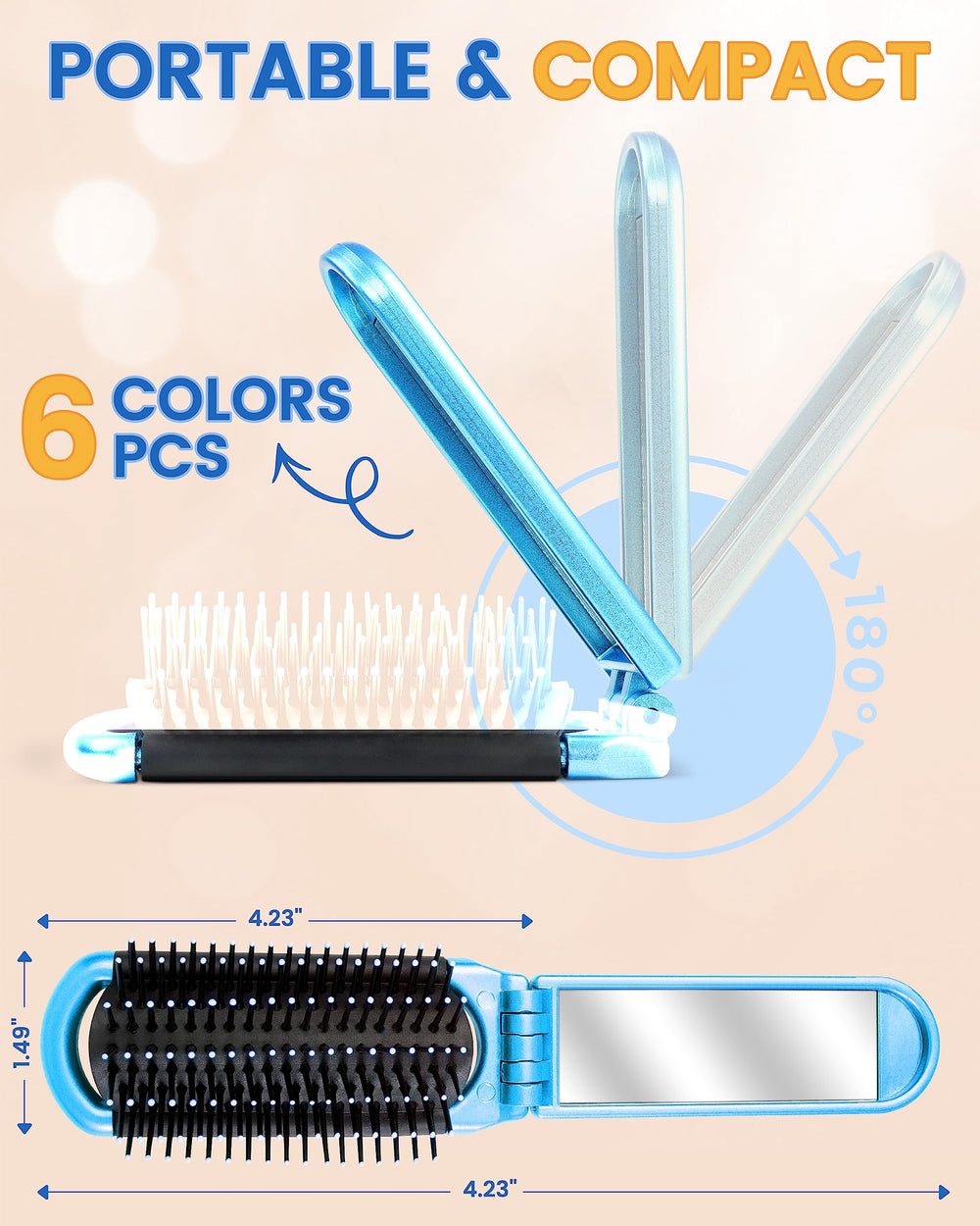 Cepillo plegable MoHern con espejo azul para retoques rápidos en cualquier bolso.