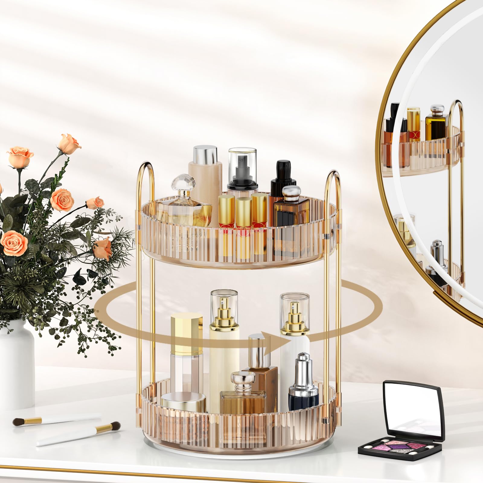 MOKANI Organizador de maquillaje 360° para tocador, giro suave y acceso rapido.