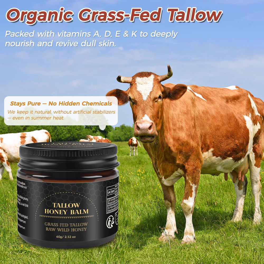 Ingredientes naturales de Mokasakiso Tallow con sebo de res y miel.
