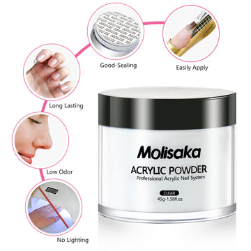 Molisaka polvo acrílico claro, sin necesidad de curado con lámpara ultravioleta.
