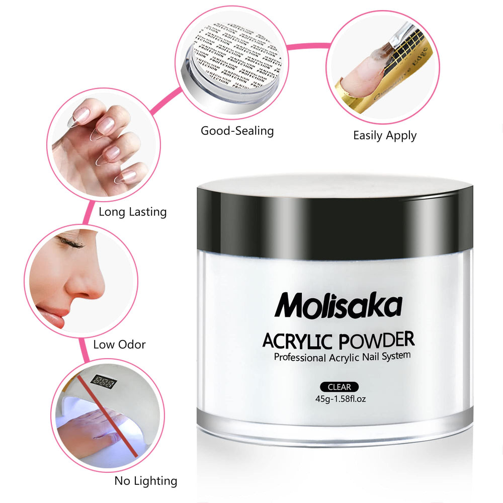 Molisaka polvo acrílico claro, sin necesidad de curado con lámpara ultravioleta.
