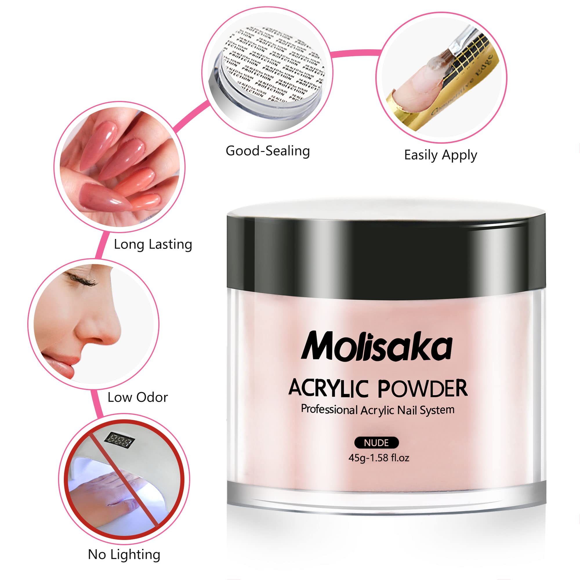 Polvo acrílico tono neutro de Molisaka, acabado liso para aspecto natural