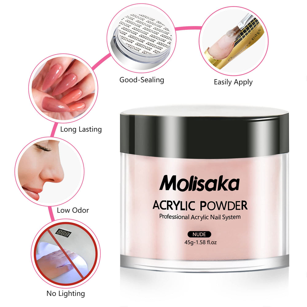 Polvo acrílico tono neutro de Molisaka, acabado liso para aspecto natural