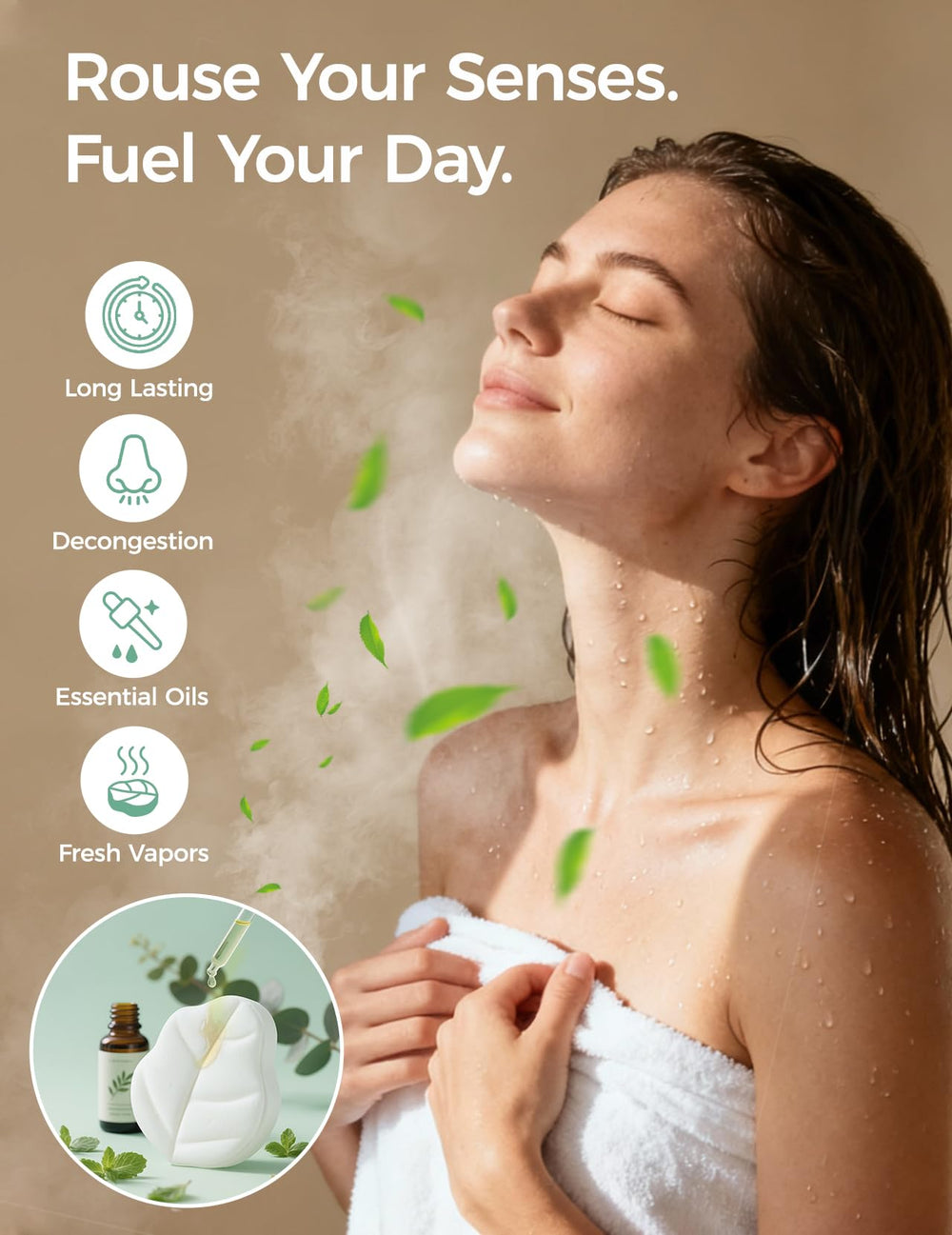 Momcozy vapores ducha hoja eucalipto, primer plano para aroma revitalizante