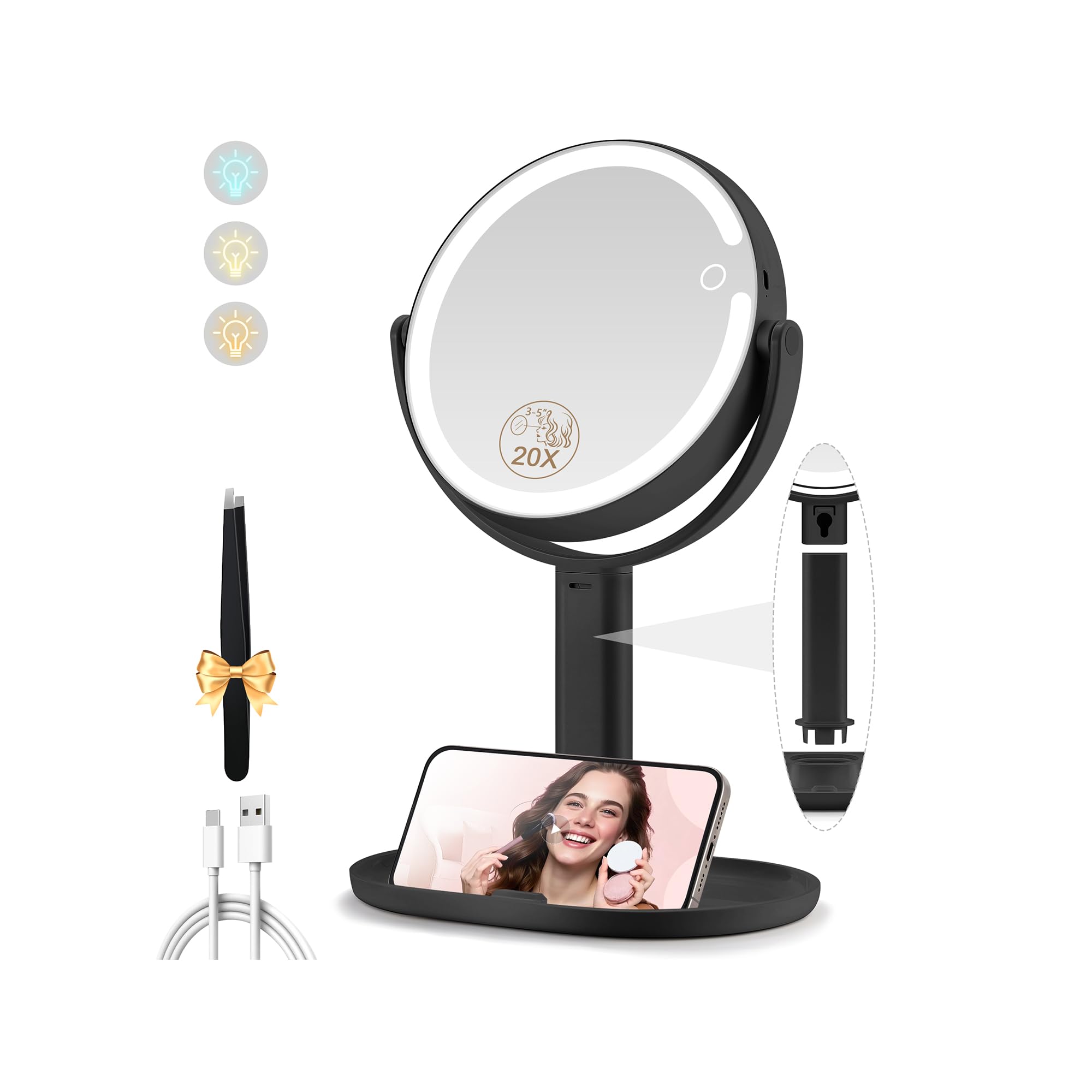 MOMOKUBA espejo de maquillaje iluminado con doble cara y 1x/20x para precisión