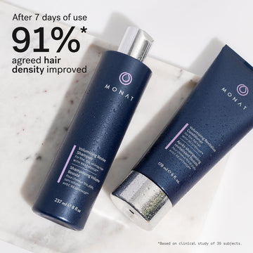 MONAT Acondicionador Voluminizante en botella, facilita peinado suave y densidad.
