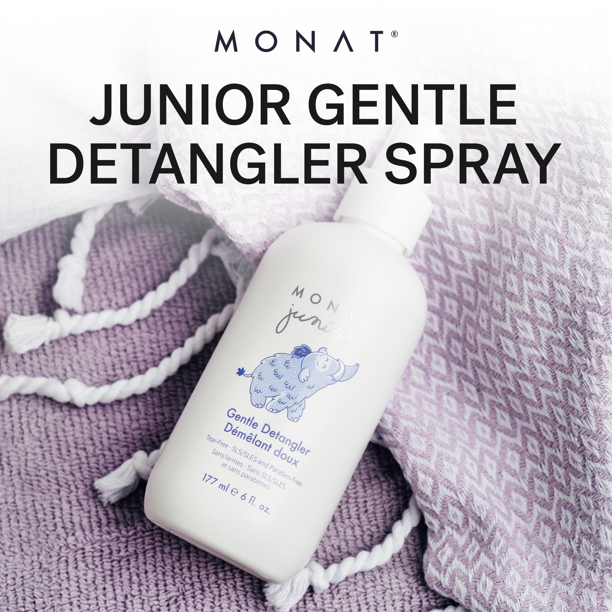 MONAT Junior démêlant—formule douce adaptée aux cheveux délicats.