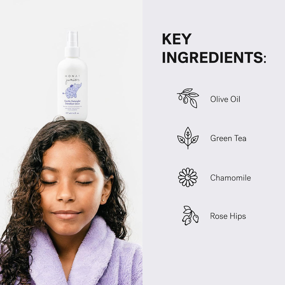 MONAT Junior démêlant—huile d'olive pour nourrir légèrement les longueurs.