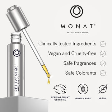 Presentación de empaque MONAT ReJUVENIQE Oil, práctico y fácil de usar.