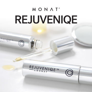 MONAT ReJUVENIQE Oil, etiqueta vegan, destaca su compromiso ético y libre de sulfatos.