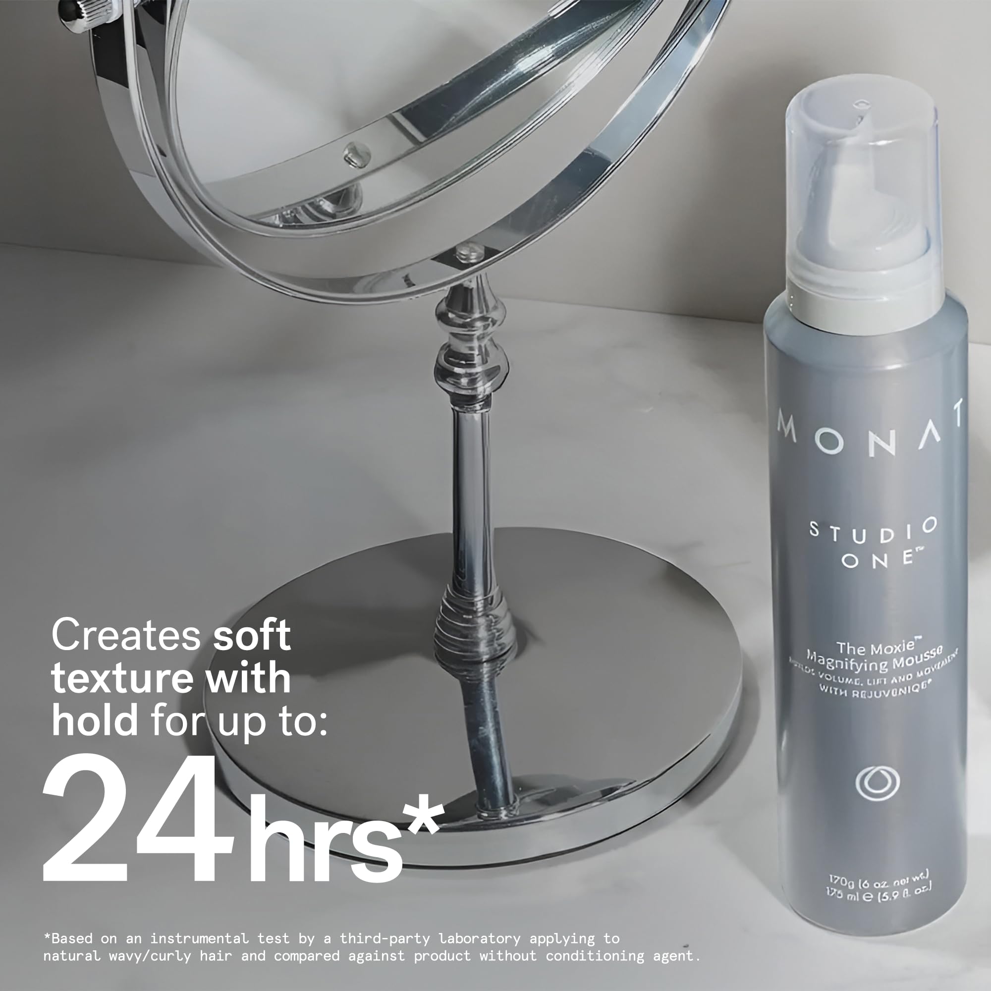 MONAT Studio One The Moxie Magnifying Mousse mantiene el encrespamiento bajo control en humedad.