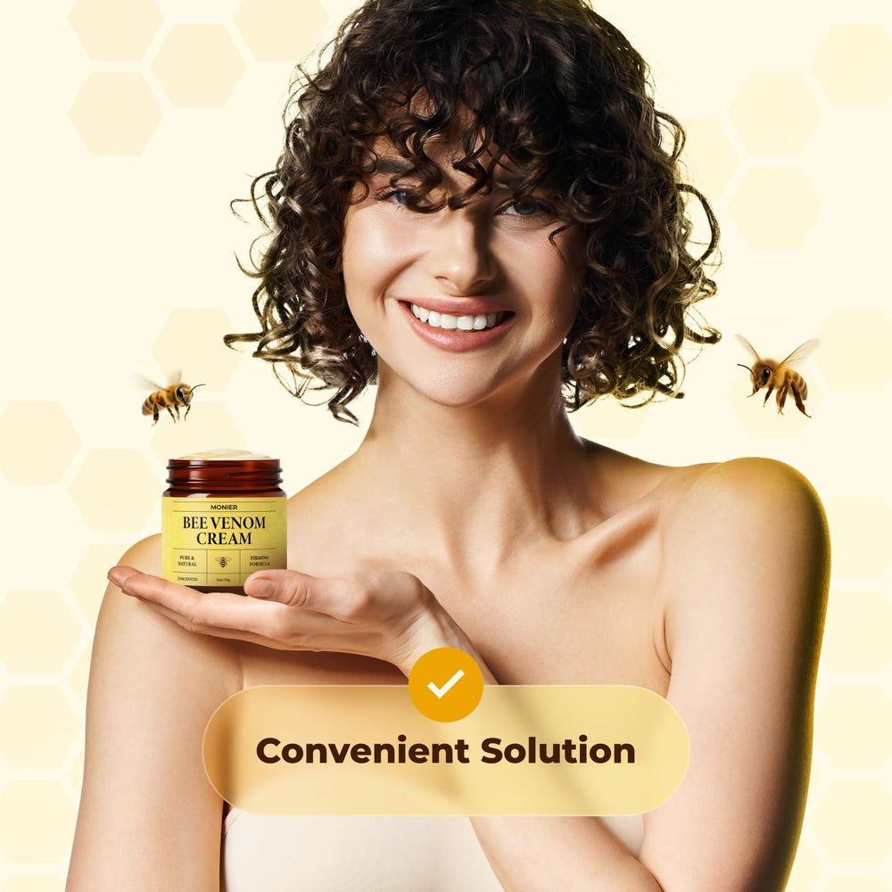 MONIER crema veneno de abeja, envase y etiqueta premium, fácil de usar.