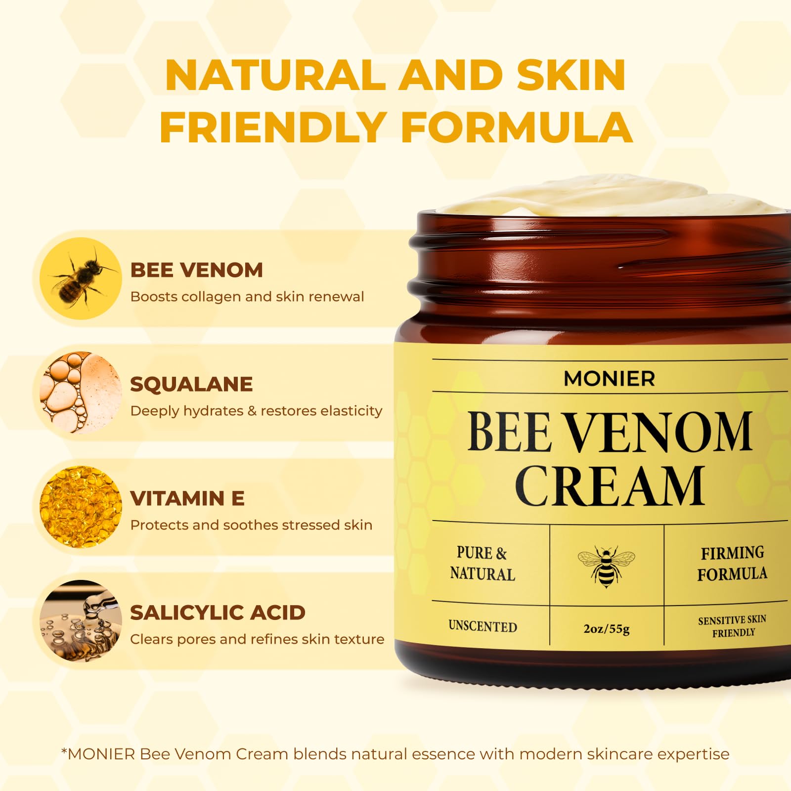MONIER crema veneno de abeja, textura crema, sensación sedosa para la piel.