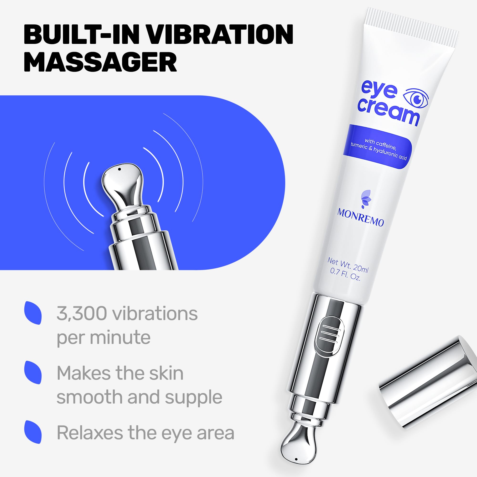 MONREMO aplicador vibratorio para mejor absorción de activos alrededor de los ojos.