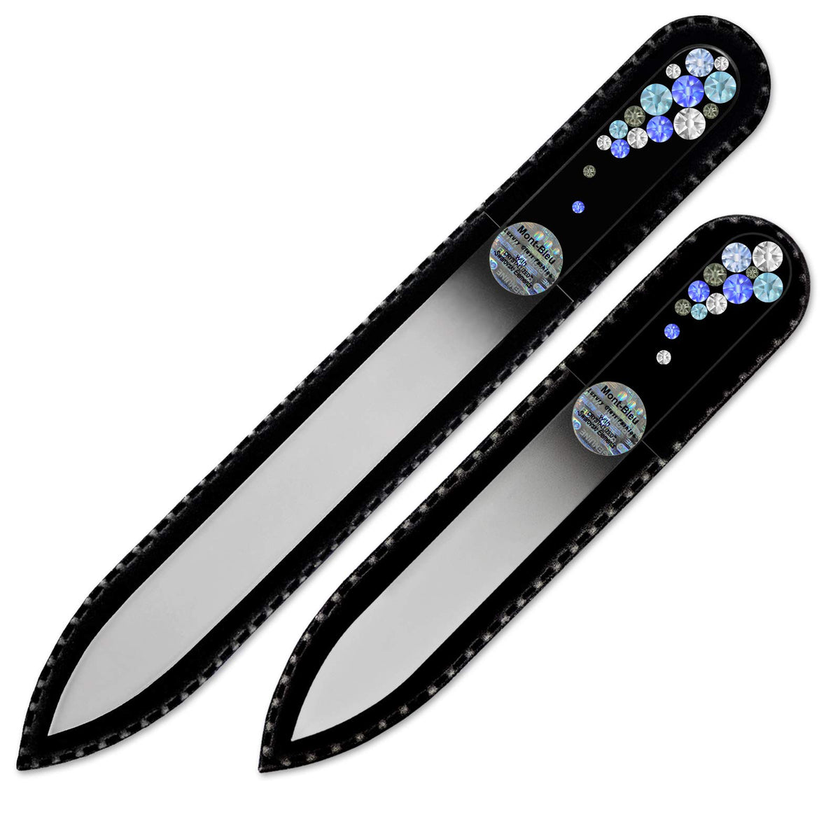 Lima de cristal Mont Bleu con vidrio templado y funda negra para uñas suaves.