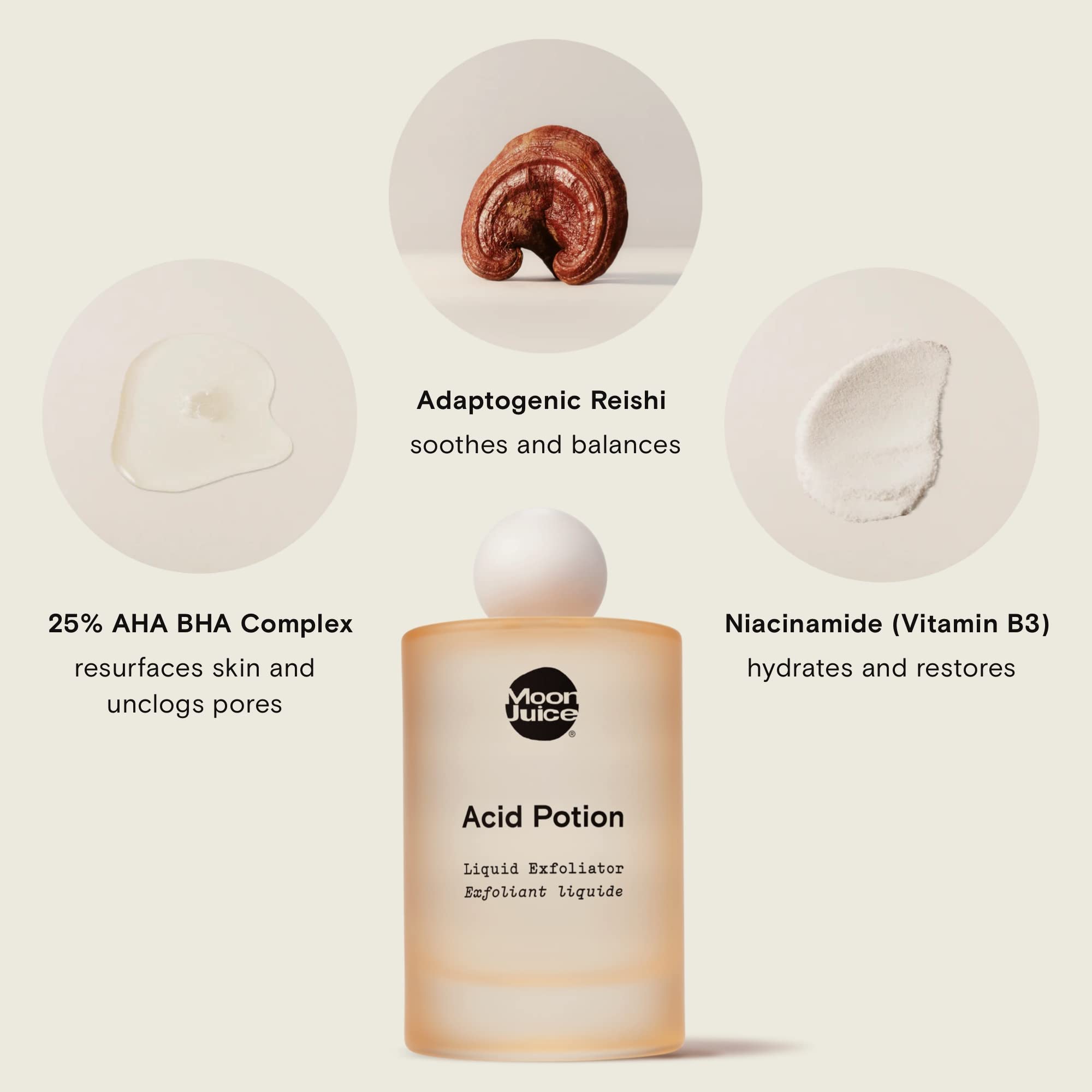Moon Juice Acid Potion, aplicación, ayuda a calmar y hidratar tras exfoliar.