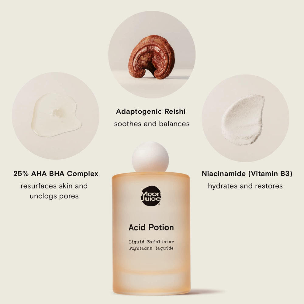 Moon Juice Acid Potion, aplicación, ayuda a calmar y hidratar tras exfoliar.
