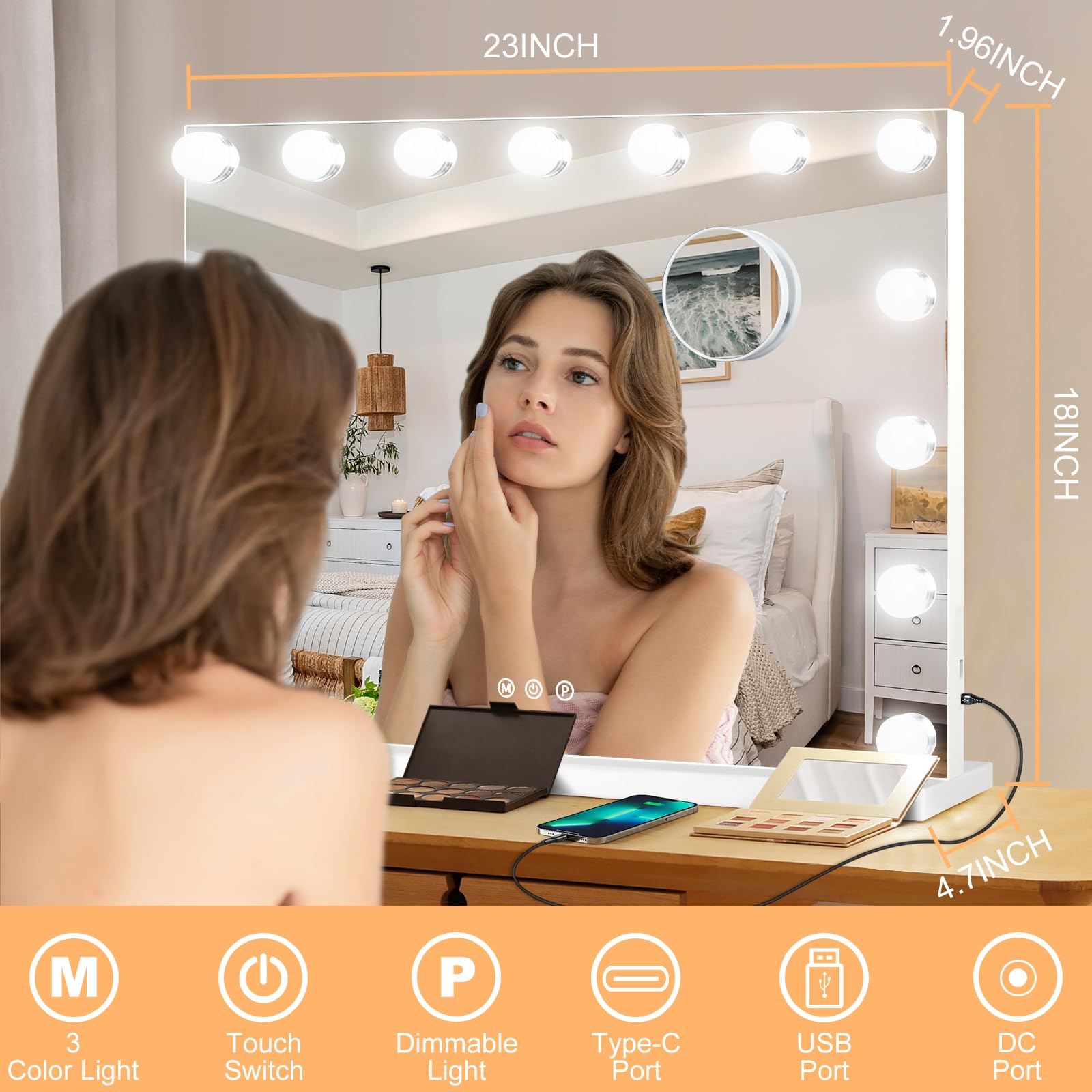Espejo Moonee con 15 bombillas LED para ver el rostro completo.