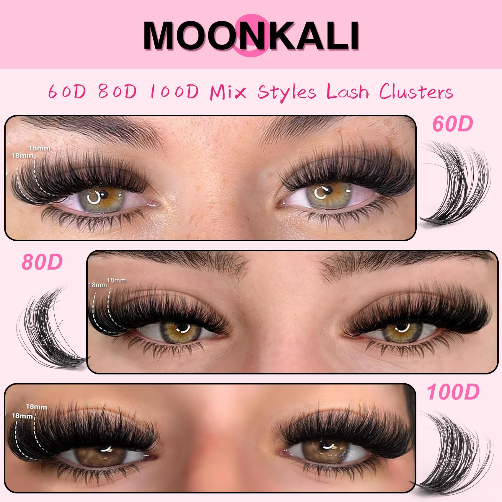Moonkali lash clusters 100d deliver bold volume with lightweight feel.