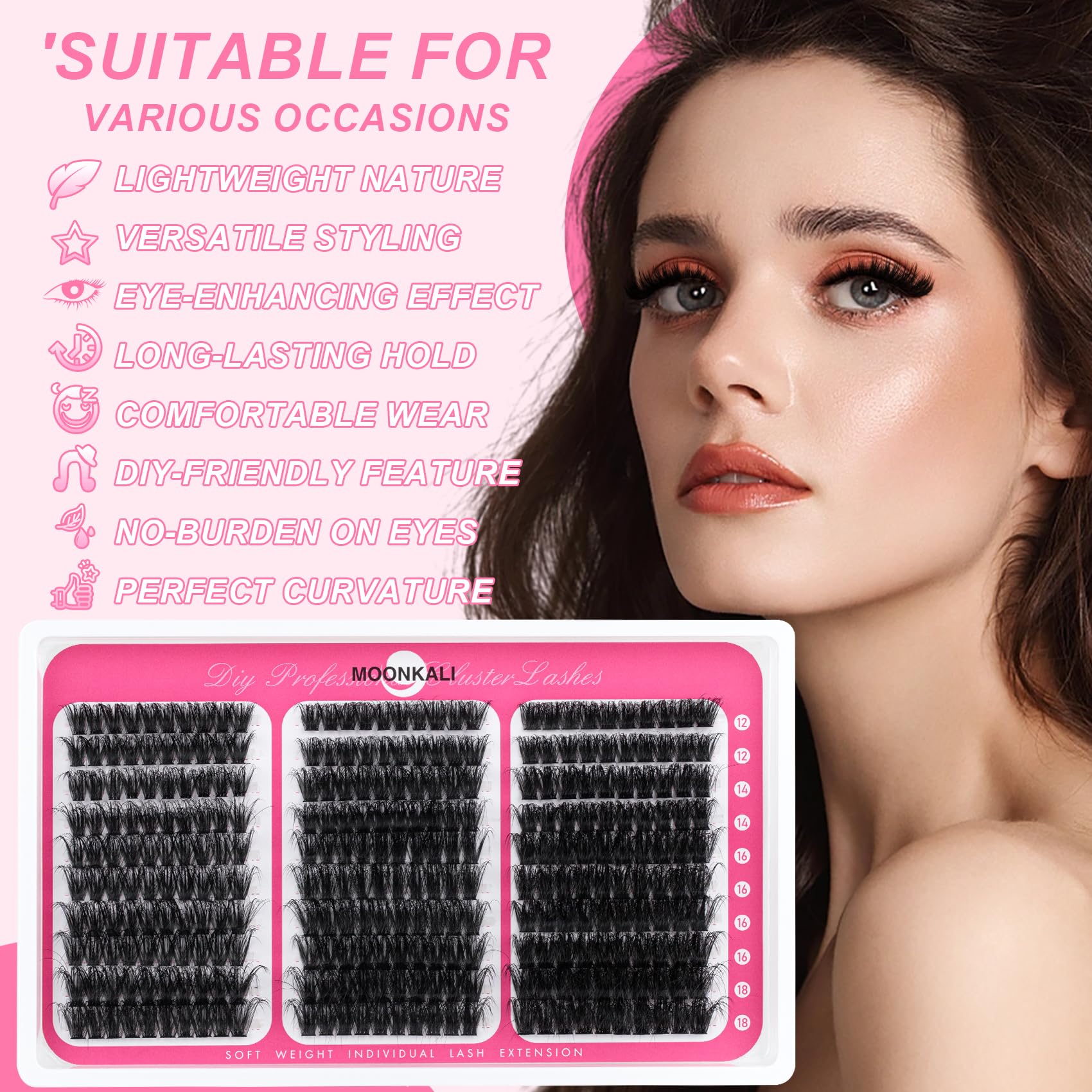 Moonkali lash clusters cat-eye design elongates the lash line.