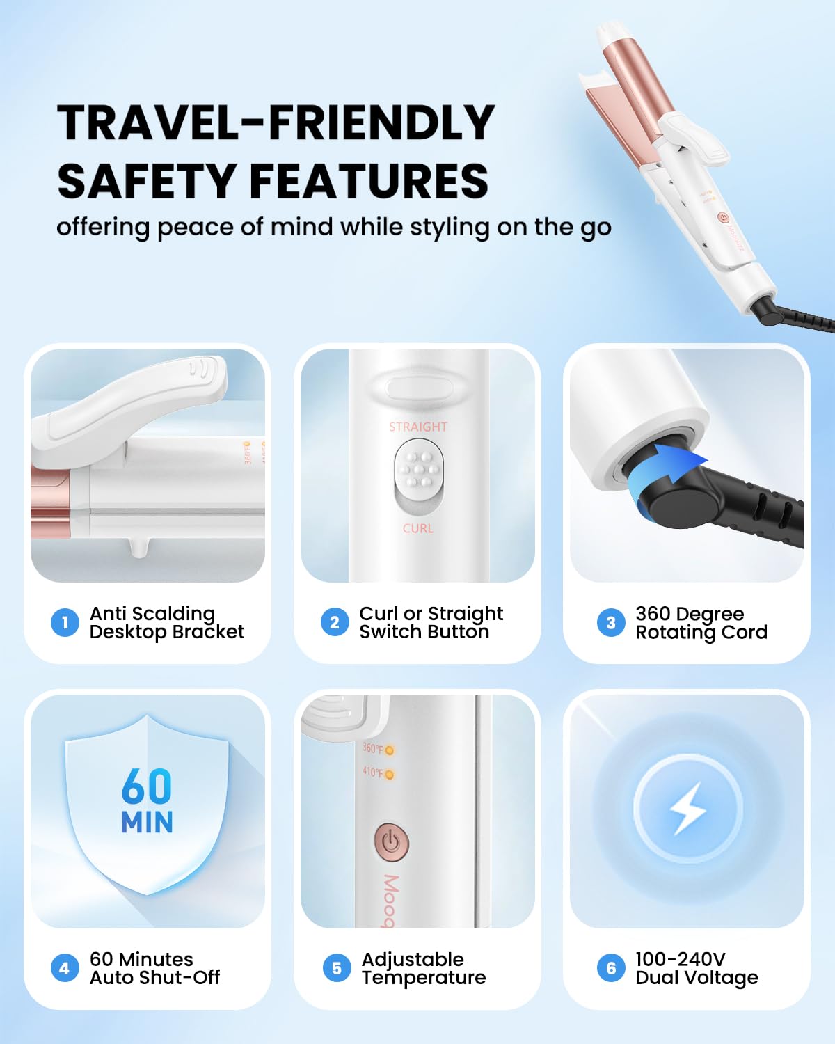 Seguridad y conveniencia Mooqlizz: apagado automático y candado para transporte.