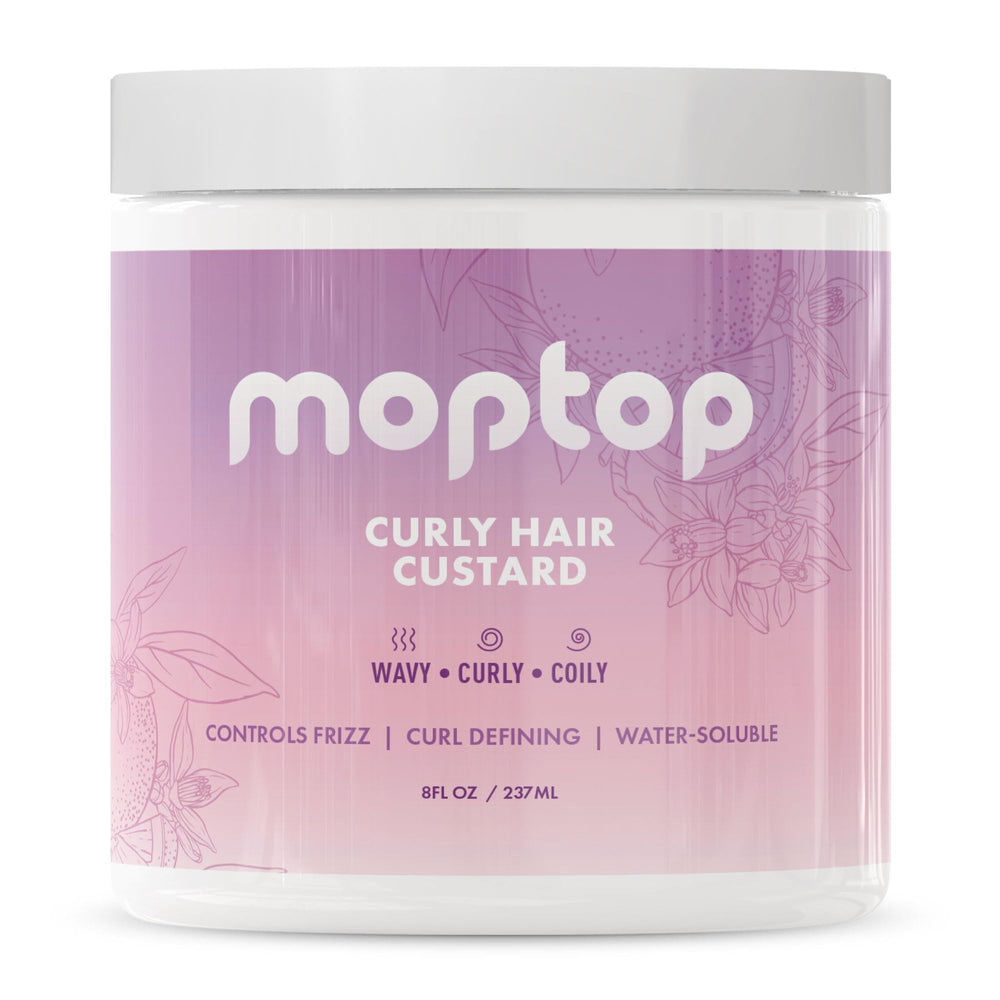 Botella MopTop Curly Hair Gel Custard lista para hidratar y definir rizos.