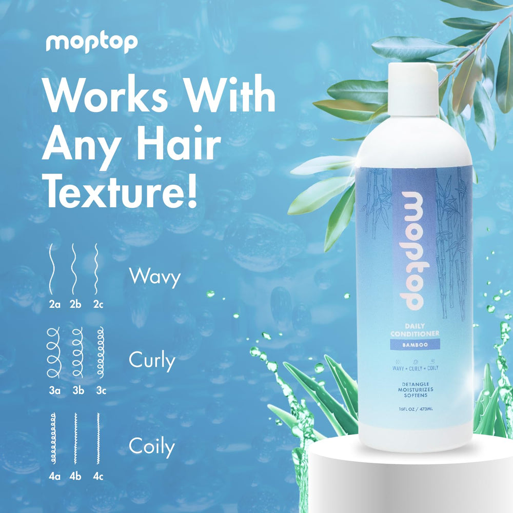 MopTop fórmula limpia, sin silicona ni sulfatos, cabello ligero y manejable.