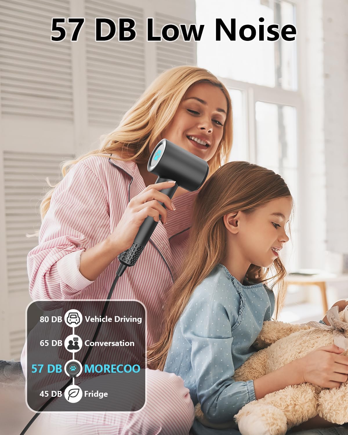 MORECOO secador silencioso, 57 dB, ideal para uso nocturno