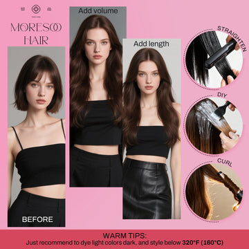 Moresoo se pueden alisar o rizar con calor hasta 177 °C para distintos looks.