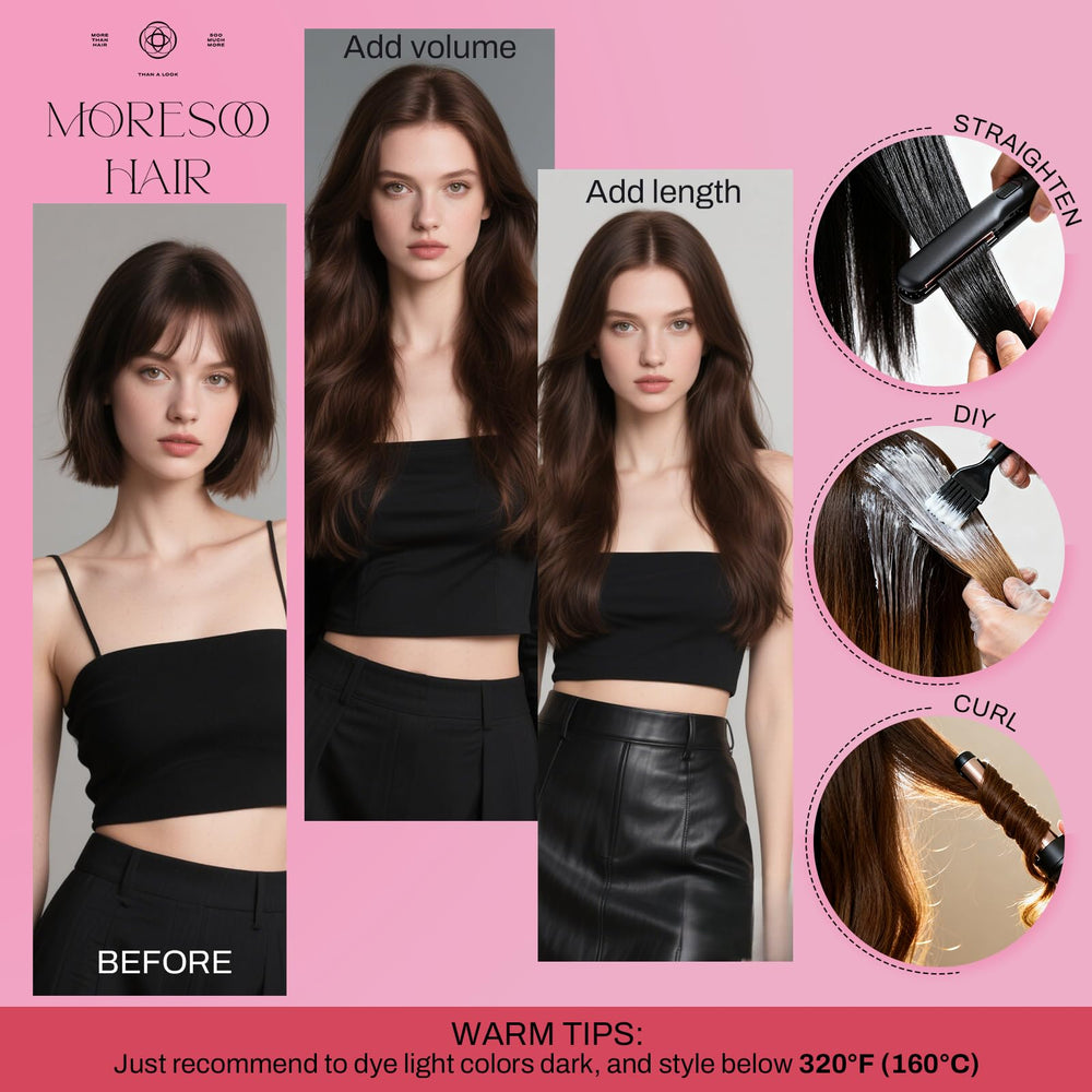 Moresoo se pueden alisar o rizar con calor hasta 177 °C para distintos looks.