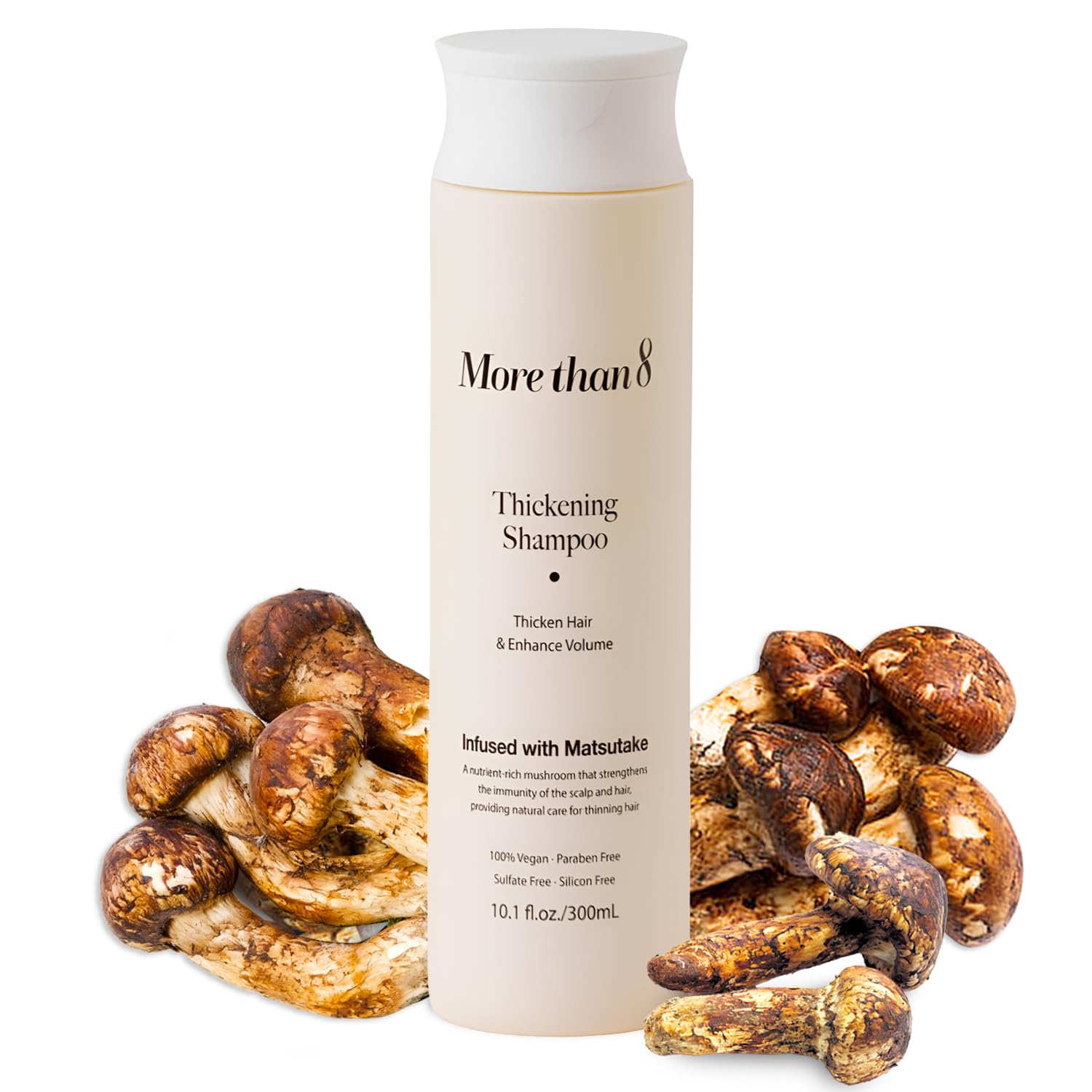Morethan8 Champú Matsutake: botella que indica limpieza suave para cabello sensible.