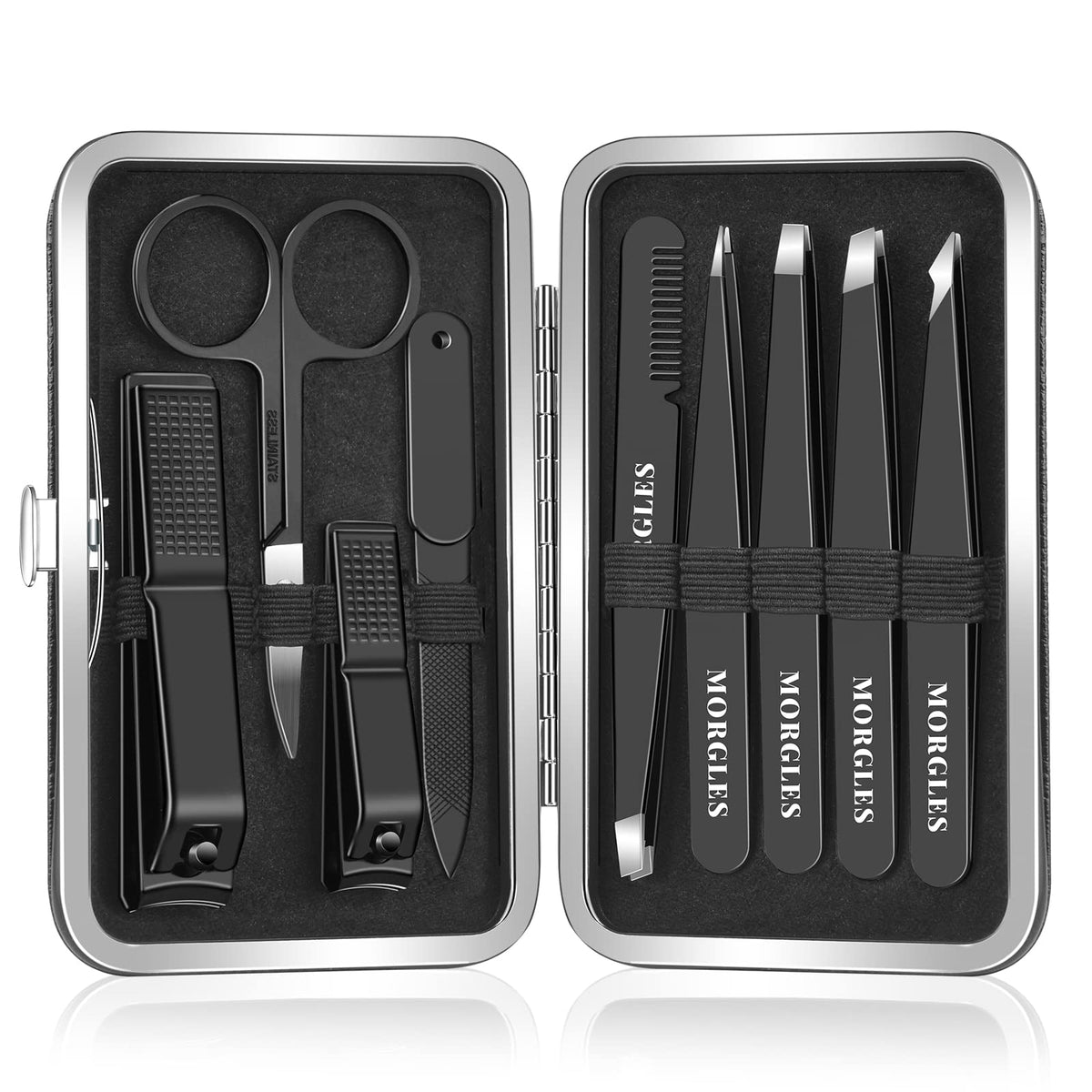 MORGLES set de pinzas y cortaúñas dentro de un estuche de cuero compacto, ideal para viajar.