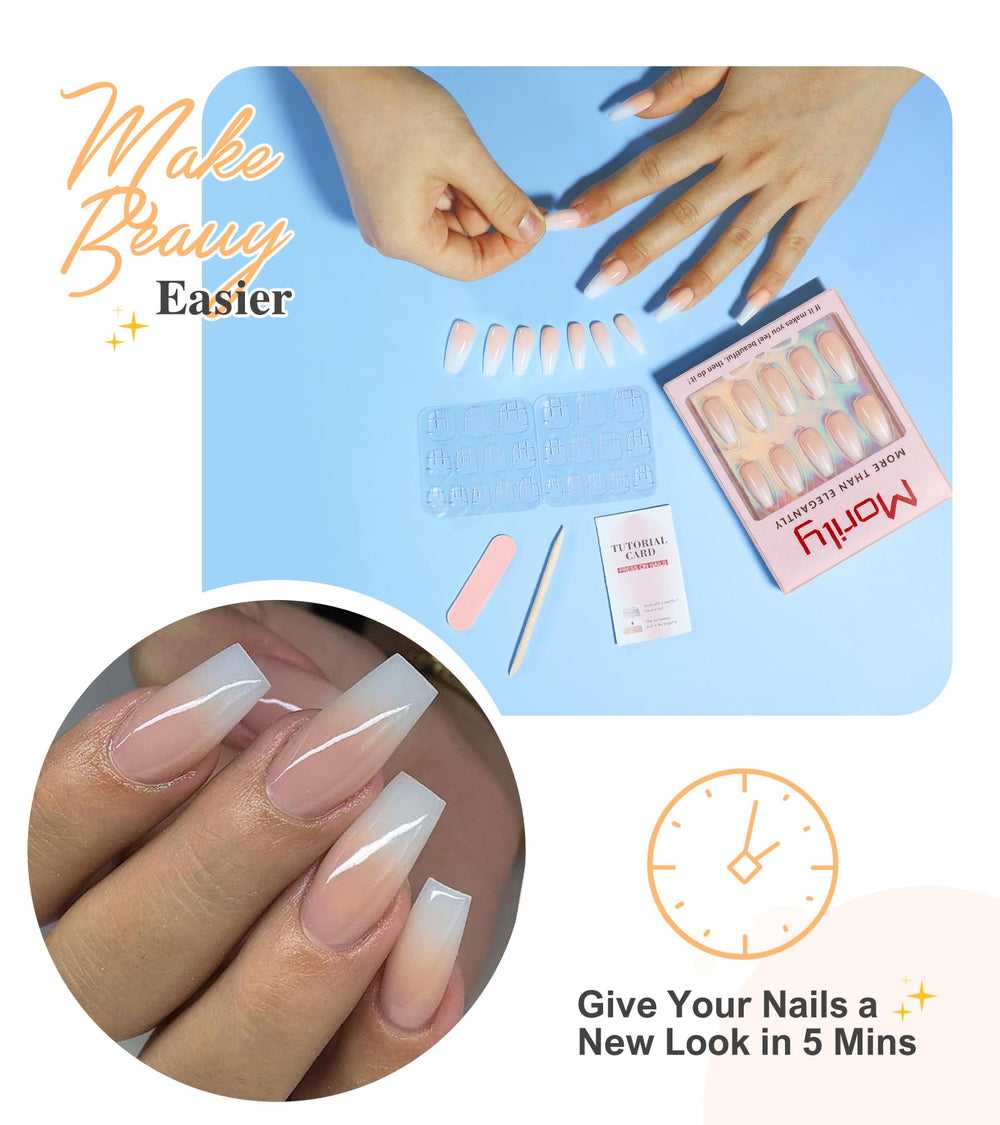 Morily uñas postizas para DIY en casa con acabado gel para realismo mejorado.