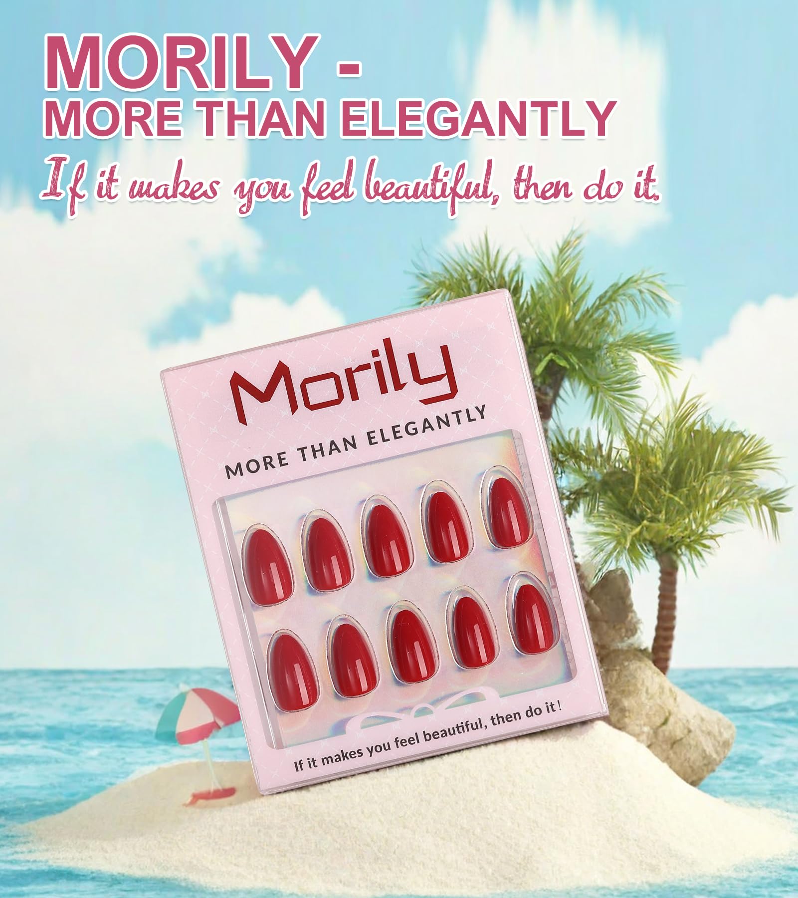 Morily uñas postizas rojo almendra, acabado clásico para look elegante
