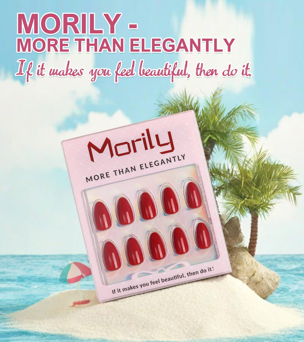 Morily uñas postizas rojo almendra, acabado clásico para look elegante