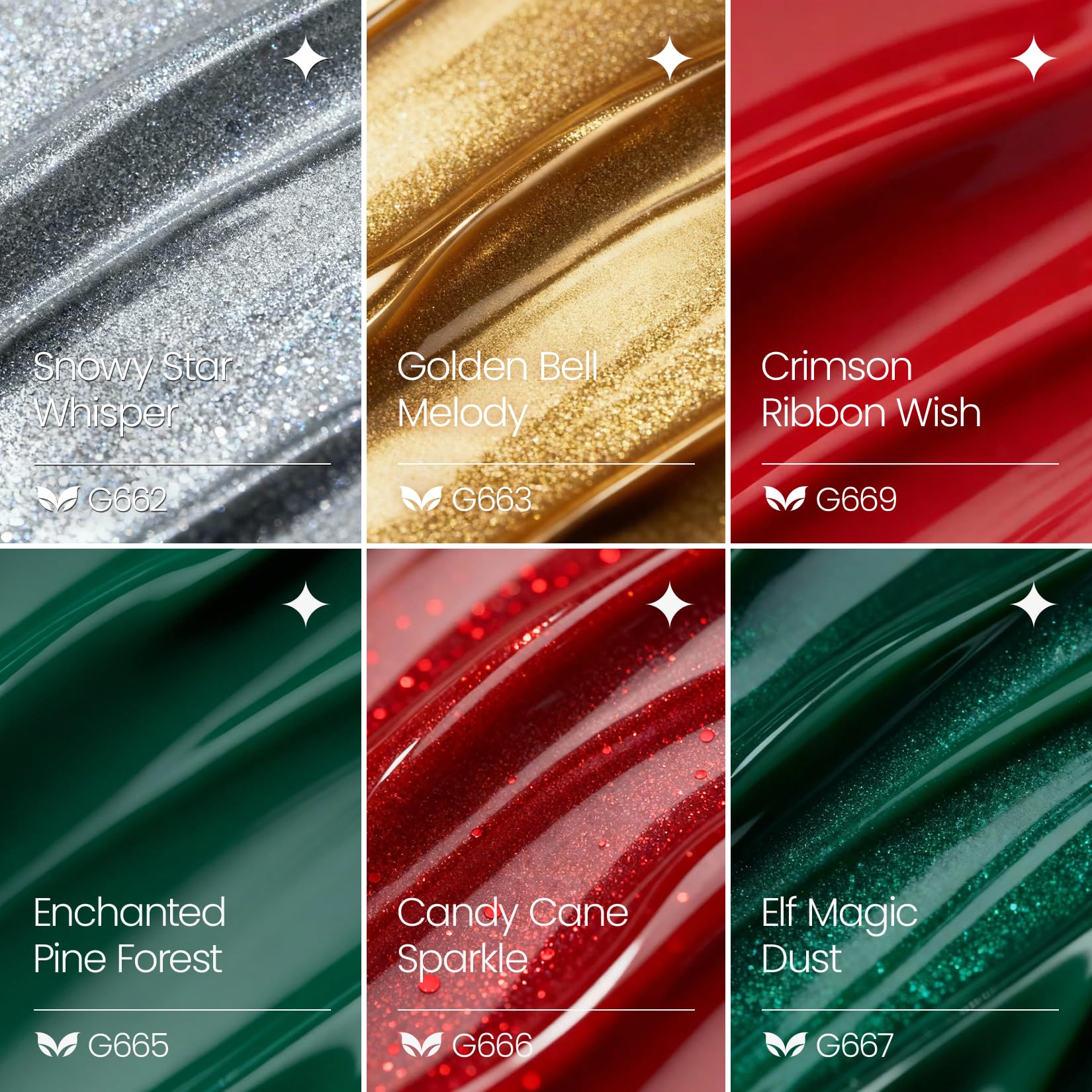 Botellas Morovan esmalte gel navidad con seis colores para diseños festivos.