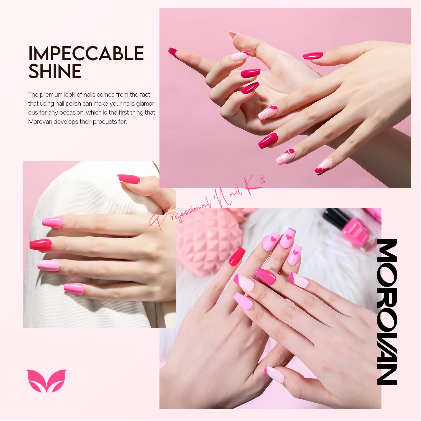 Morovan esmalte rosa cerezo, tono vibrante para manicuras destacadas.