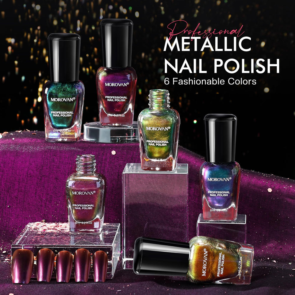 Morovan gold chrome polish adds high-gloss drama for special occasions.